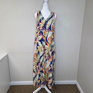 Paradise Found Hawaiian Floral Maxi Dress Button Front Sleeveless Resort Wear, L
